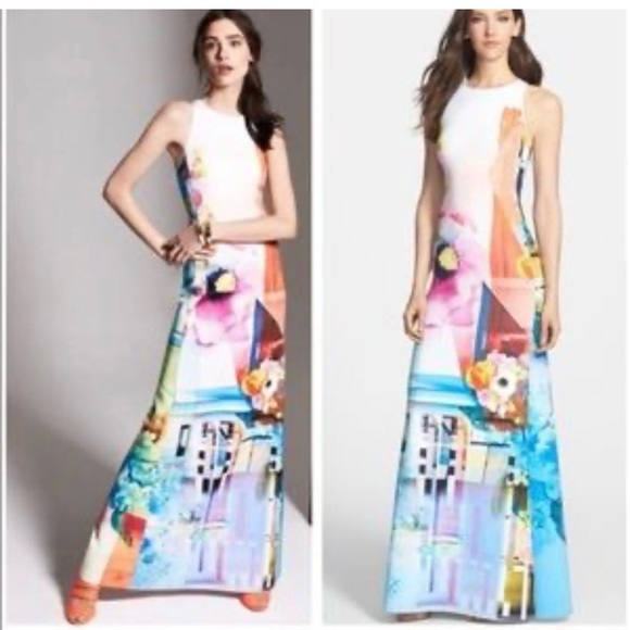 Clover Canyon Maxi Dress Florescent Rose Floral Abstract Neoprene Scuba Runway - Picture 2 of 16